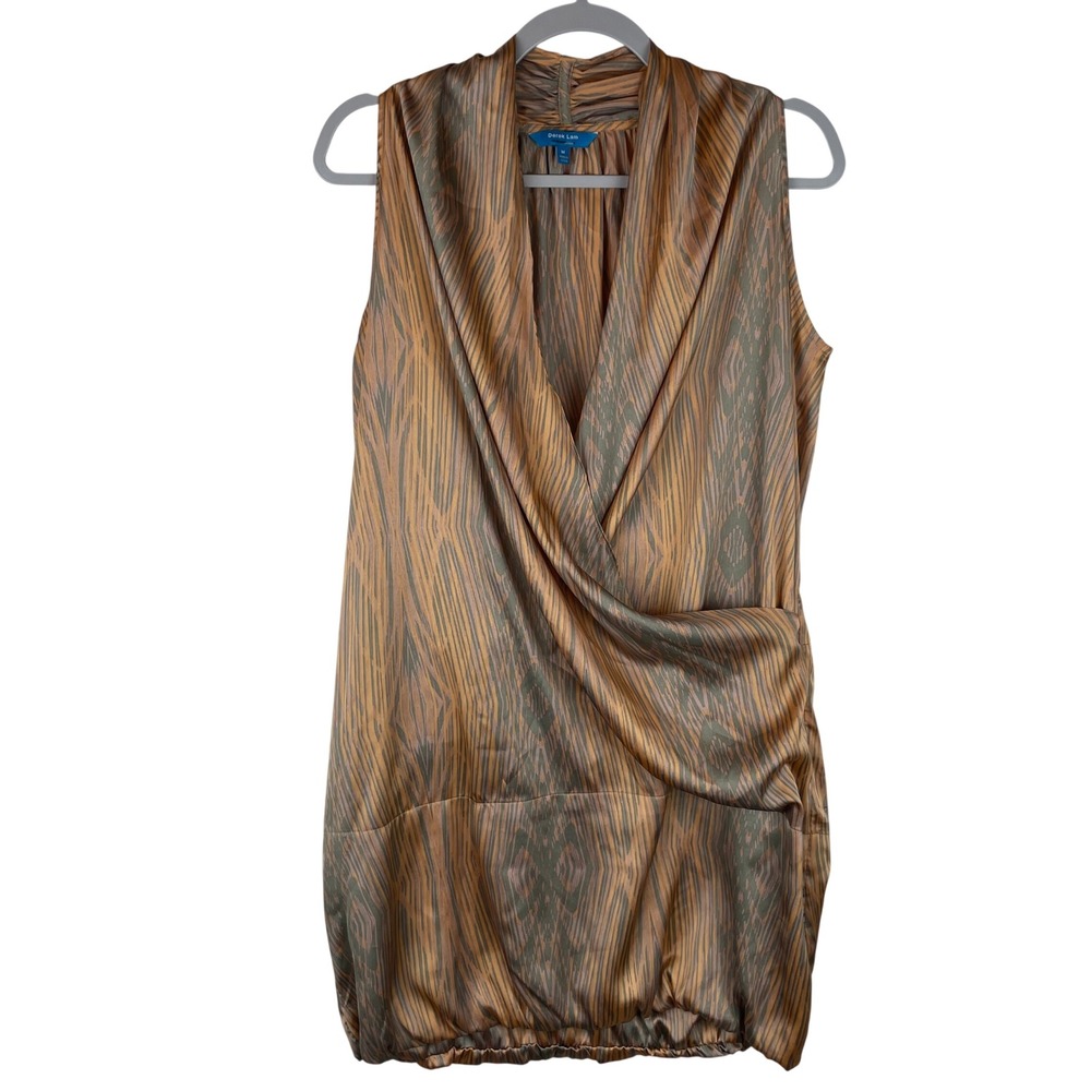 Derek Lam for DesigNation Woodgrain Print Bubble Hem Draped Dress Brown Medium